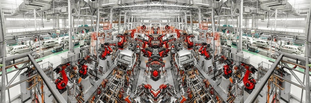 Specchio Foto panoramica Linea di produzione di automobili Saldatrici di carrozzerie Moderno impianto di assemblaggio di automobili