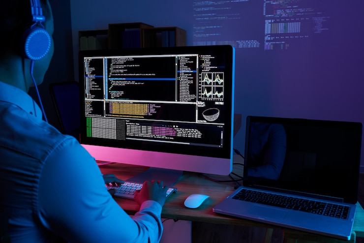 Foto gratuito specialista it che controlla codice al computer nell'ufficio buio di notte