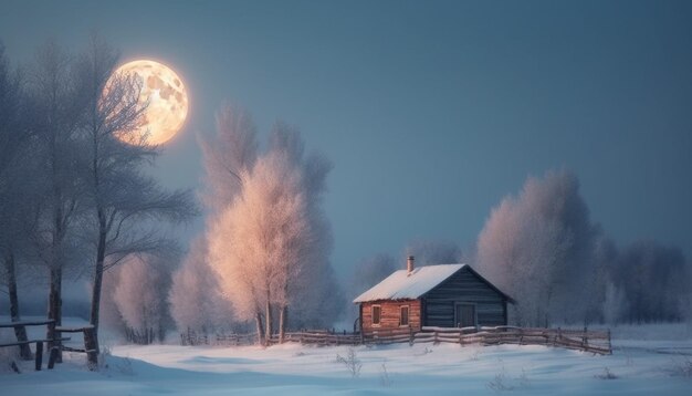 Spettrale notte invernale al chiaro di luna sulla foresta ghiacciata generata dall'intelligenza artificiale