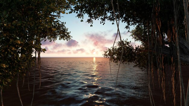 Spiaggia al tramonto con gli alberi