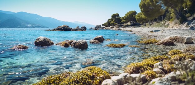 Spiaggia con rocce Immagine generata dall'intelligenza artificiale