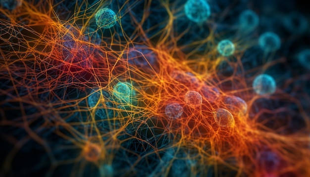 Spirale di cellule nervose incandescente nello spazio oscuro generata dall'intelligenza artificiale