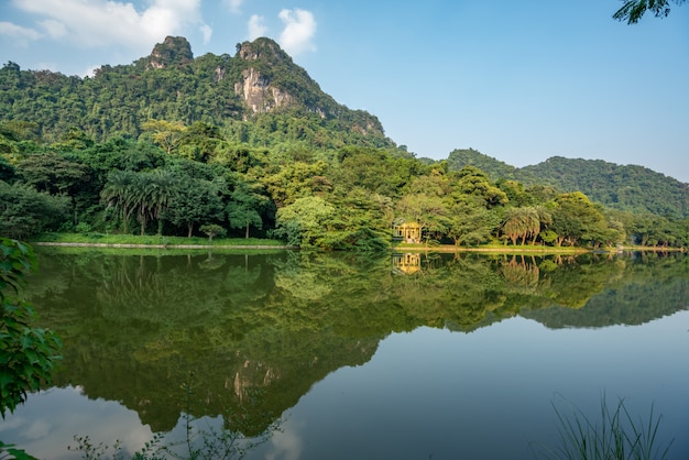 Splendido scenario di alberi verdi e alte montagne riflesse nel lago