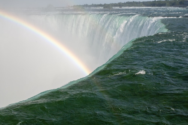 Splendido scenario di un arcobaleno che si forma sulle cascate a ferro di cavallo in Canada