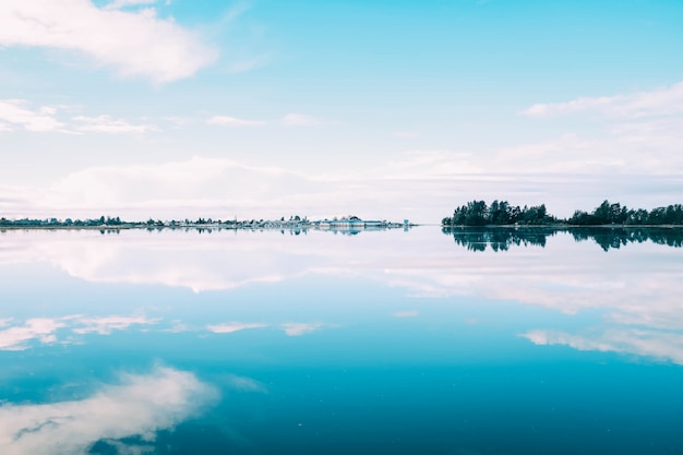 Splendido scenario di una gamma di alberi che si riflettono nel lago sotto il cielo nuvoloso