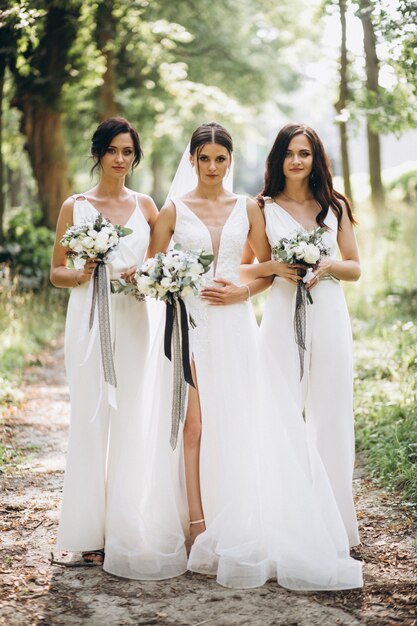 Sposa con le sue damigelle d&#39;onore nella foresta