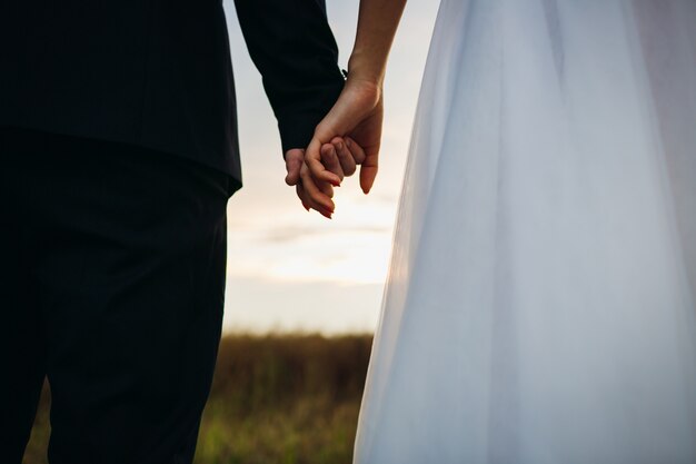 Sposa e sposo si tengono a vicenda le mani in piedi sul campo