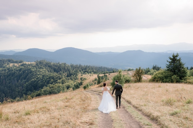 Sposi in montagna sulla strada, vista posteriore di una coppia di sposi sta camminando sulle montagne