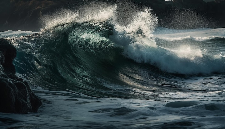 Foto gratuito spruzzi di onde che si infrangono sulla costa rocciosa scura generati dall'intelligenza artificiale