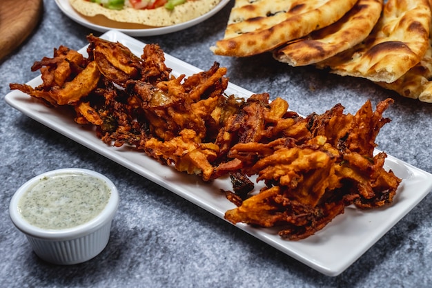 Spuntino fritto nel grasso bollente croccante dello spuntino di vista laterale con salsa e pane sulla tavola