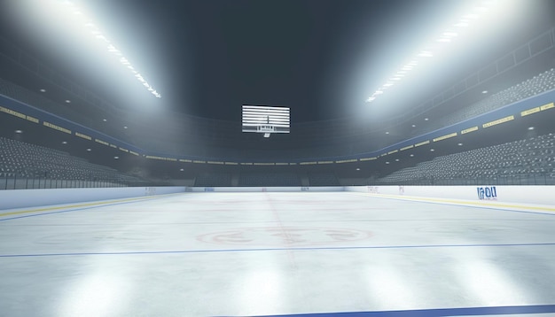 Stadio del campo vuoto dell'arena sportiva della pista di pattinaggio su ghiaccio dell'hockey creato utilizzando l'intelligenza artificiale generativa