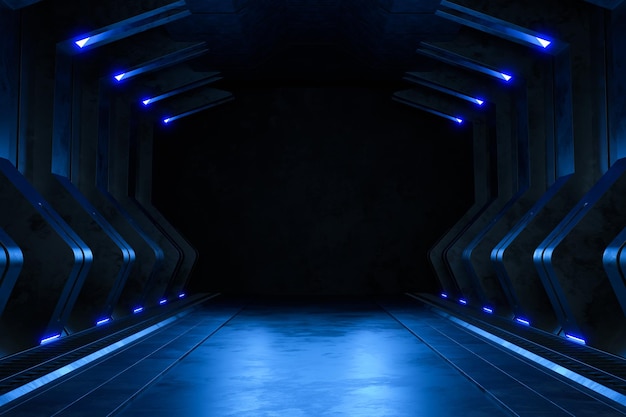 Stanza buia vuota, sfondo futuristico moderno di fantascienza. illustrazione 3D
