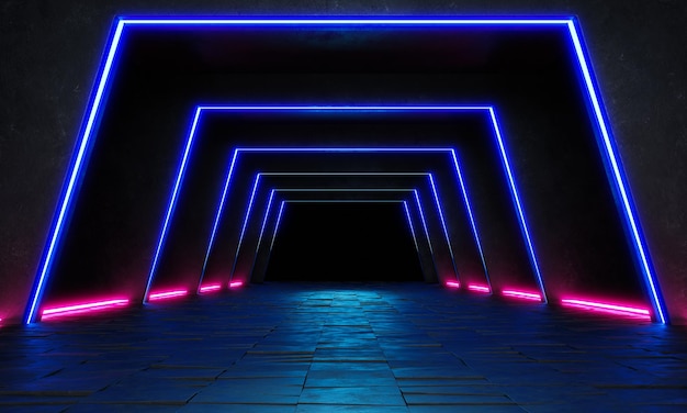 Stanza buia vuota, sfondo futuristico moderno di fantascienza. illustrazione 3D