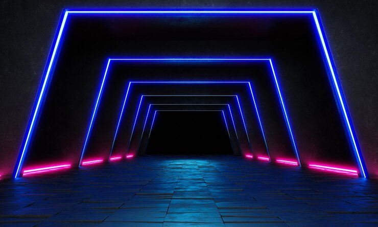 Stanza buia vuota, sfondo futuristico moderno di fantascienza. illustrazione 3D