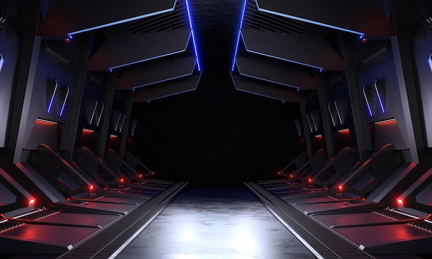 Stanza buia vuota, sfondo futuristico moderno di fantascienza. illustrazione 3D