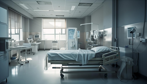 Stanza d'ospedale moderna con letto e sedia vuoti generati dall'intelligenza artificiale
