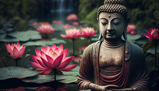 Statua del buddismo nella scena del giardino floreale AI generativa