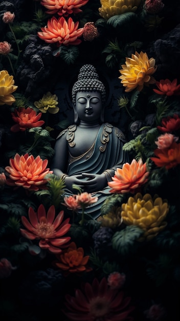 Statua di Buddha con fiori che sbocciano