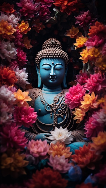 Statua di Buddha con fiori che sbocciano