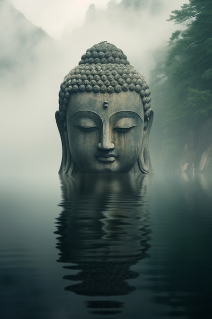 Statua di Buddha con paesaggio acquatico naturale