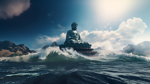 Statua di Buddha con paesaggio acquatico naturale