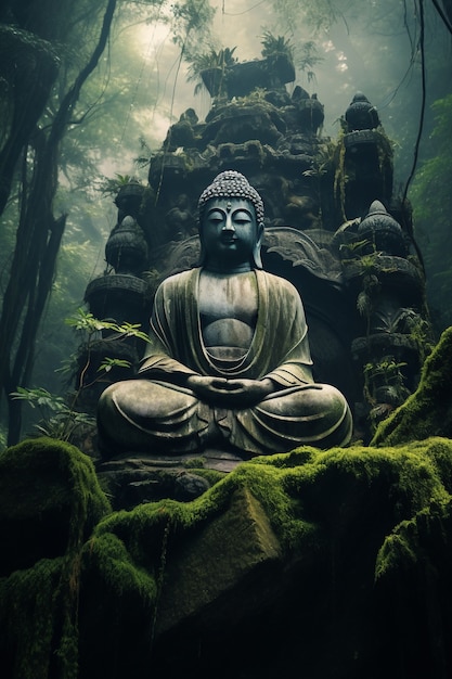 Statua di Buddha con paesaggio naturale