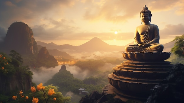 Statua di Buddha con paesaggio naturale
