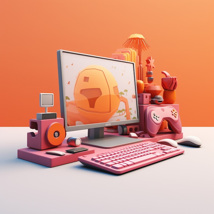 Foto gratuito stazione di lavoro 3d con computer e dispositivi periferici