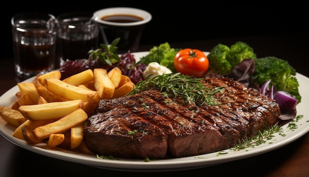 Steak alla griglia, insalata fresca e patatine fritte croccanti su un piatto generato dall'intelligenza artificiale.