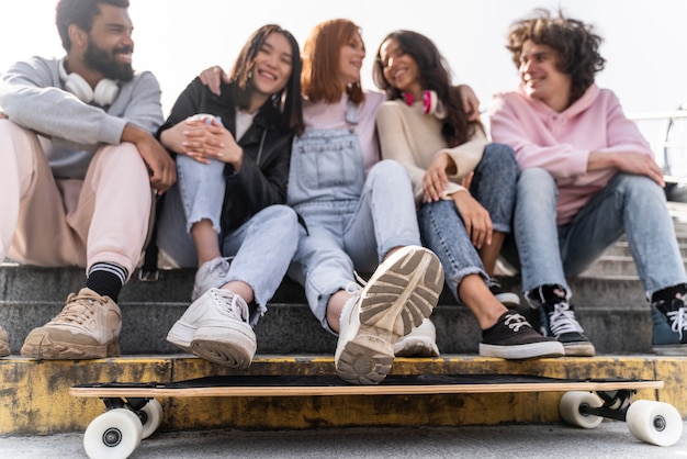 Stile di vita in città con amici e longboard