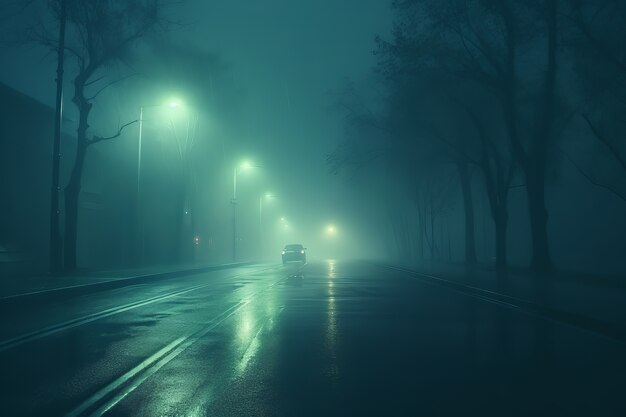 Strada bagnata in un'atmosfera buia