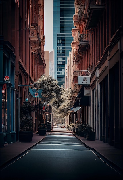 Strada con piante ed edifici scena generativa AI