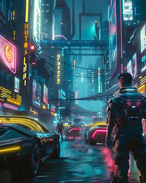 Strada della città cyberpunk di notte con luci al neon e estetica futuristica