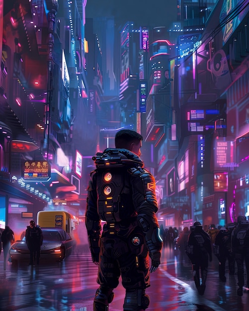 Strada della città cyberpunk di notte con luci al neon e estetica futuristica