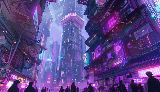 Strada della città cyberpunk di notte con luci al neon e estetica futuristica