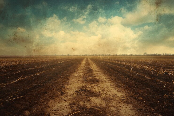Foto gratuito strada di terra rustica attraverso un campo arato sotto un cielo nuvoloso