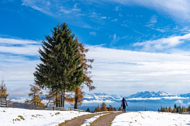 Strada innevata in Alto Adige, Dolomiti, Italia