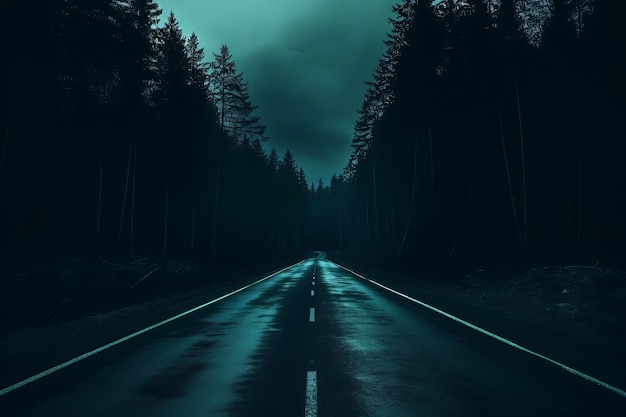 Strada vuota in un'atmosfera buia