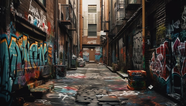 Foto gratuito strade sporche muri di graffiti caotica vita cittadina generata dall'intelligenza artificiale