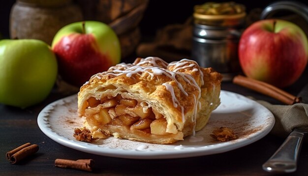 Strudel di mele appena sfornato su legno rustico generato da AI