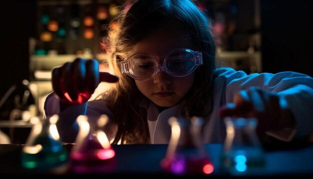 Studentessa carina che studia scienze con occhiali protettivi generati dall'intelligenza artificiale
