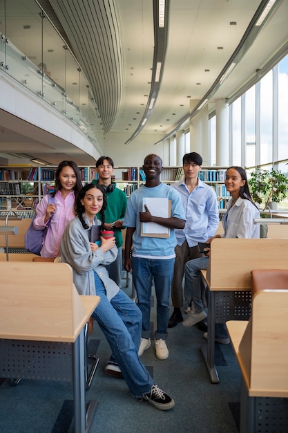 Studenti di smiley a tutto campo in biblioteca