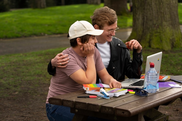 Foto gratuito studenti queer di tiro medio all'aperto