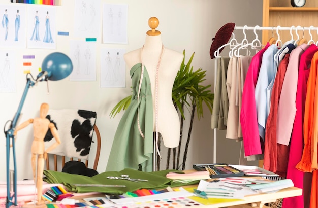 Studio di fashion design per il cucito e il taglio di abiti firmati per la produzione di prodotti artigianali