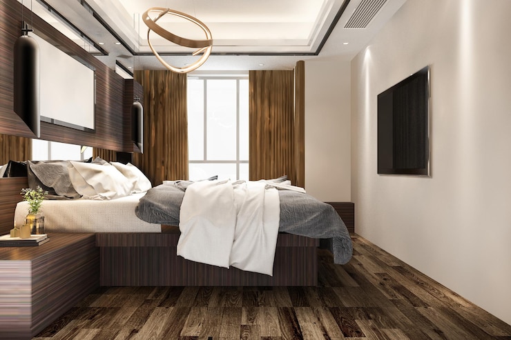Foto gratuito suite moderna di lusso con camera da letto in rendering 3d in hotel con tv e mobiletto