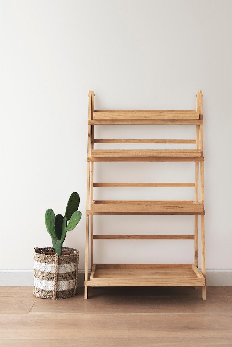 Foto gratuito supporto per piante in legno con un cactus sul lato