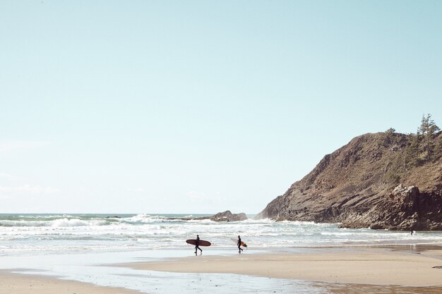 Surfisti in lontananza sulla spiaggia rocciosa