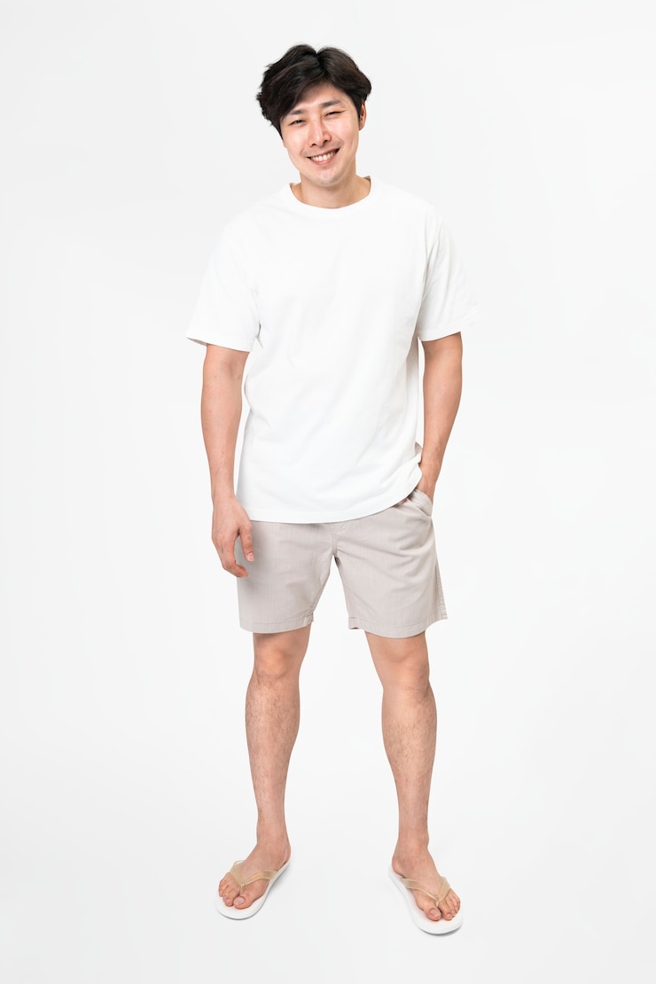 Foto gratuito t-shirt bianca e pantaloncini da uomo basic wear full body