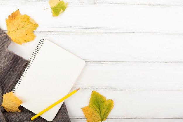 Taccuino e pensil in bianco di disposizione piana con lo spazio della copia