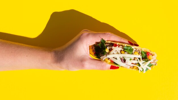 Taco della tenuta della donna del primo piano con fondo giallo